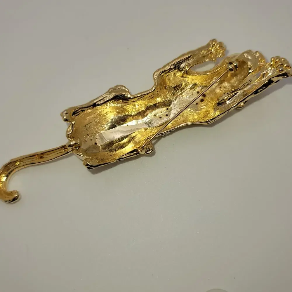 Vintage Gold-Tone Panther Brooch Green Rhinestone Eyes & Clear Rhinestones